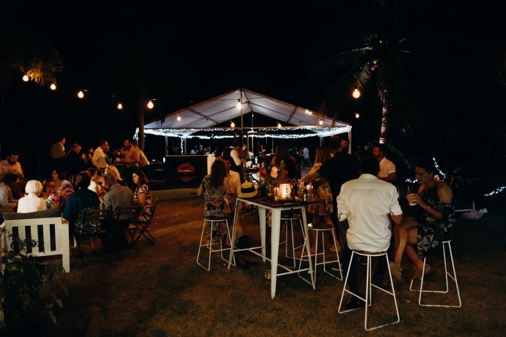 wedding reception with fairy lights at Roebuck Bay