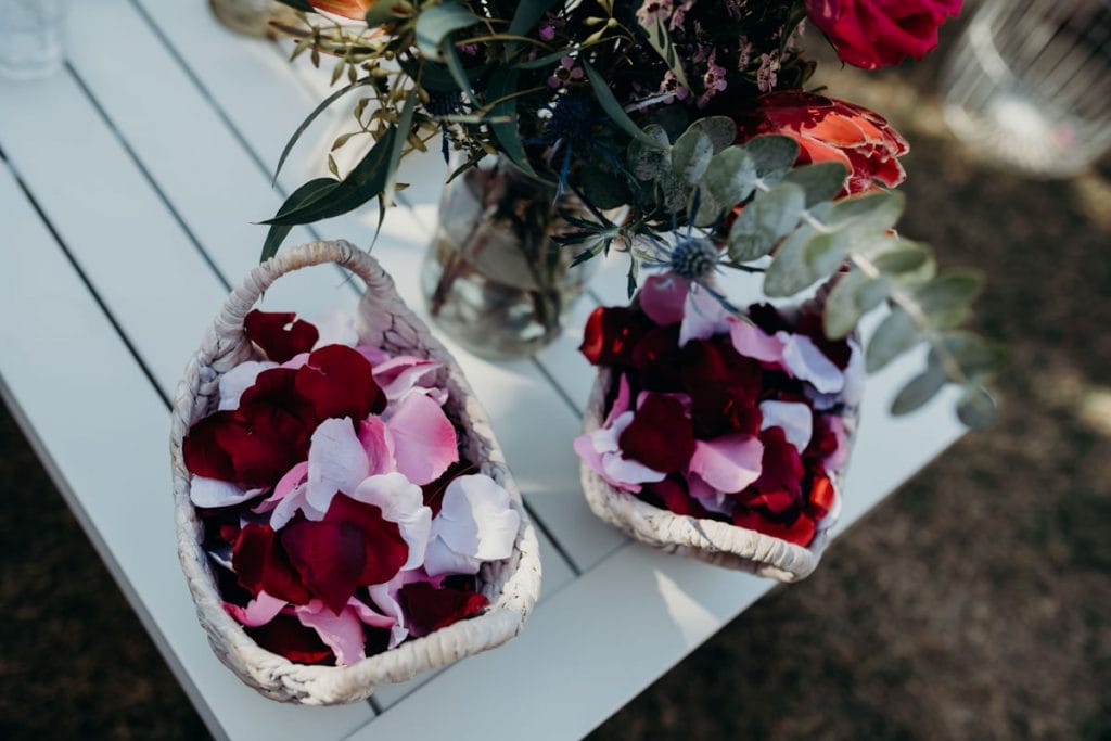 rose petals in little basket ready for Broome wedding ceremony