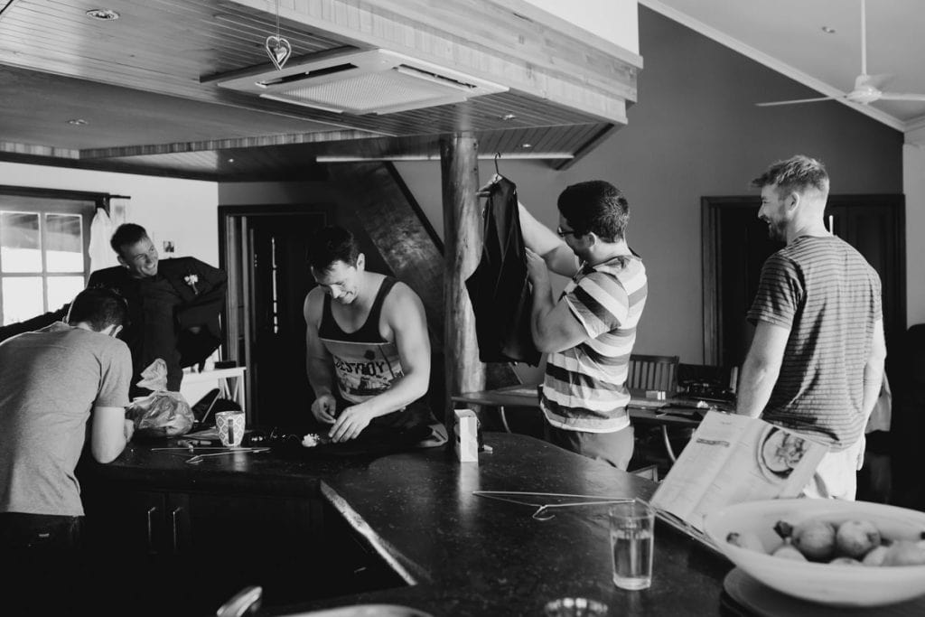 Groom and his groomsmen are getting ready for wedding at house in Broome