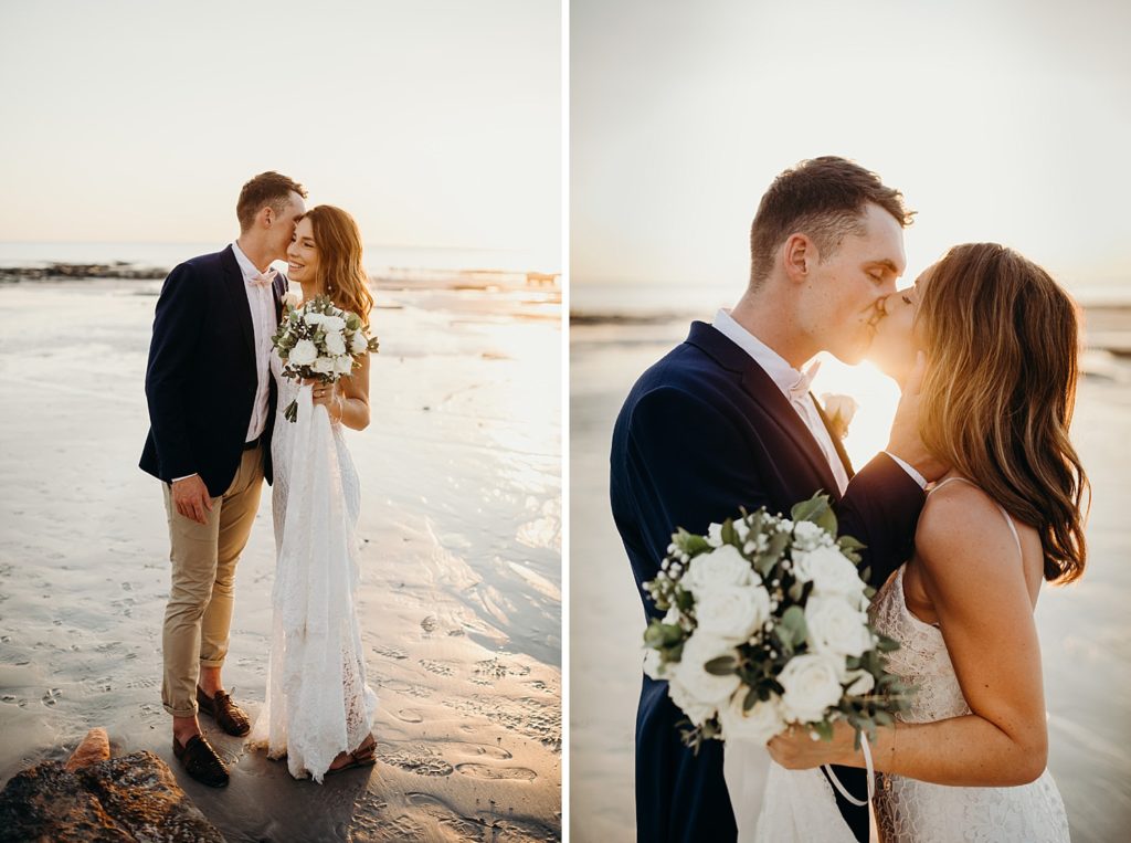 Cable Beach wedding with bride and groom kissing at sunset