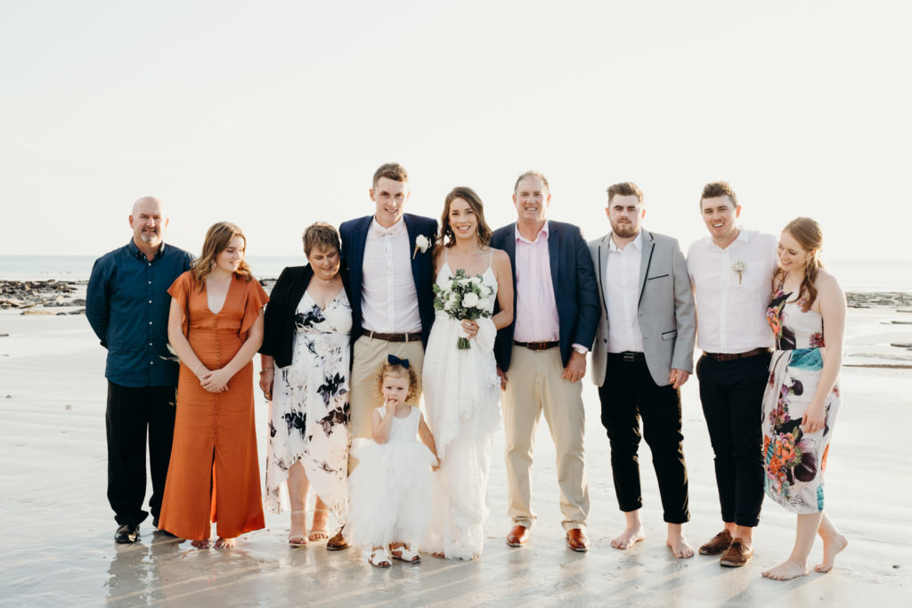 family photo on Cable Beach at wedding in Broome