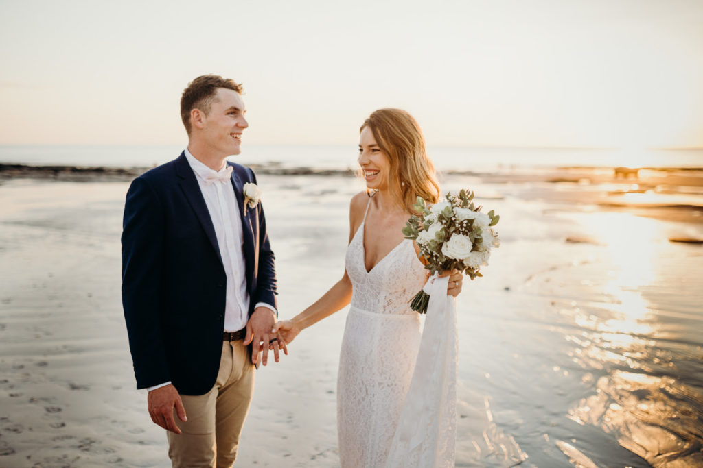 Cable Beach wedding with bride and groom at sunset