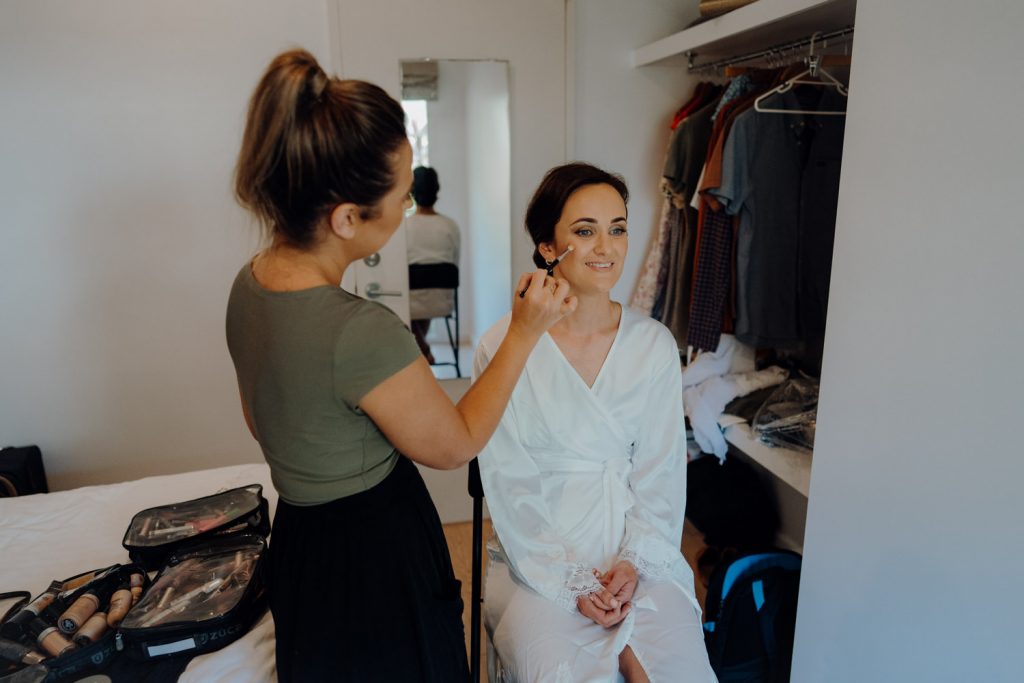 Bonnie Louise Styling getting bride ready for wedding at Gnarangannie at Gantheaume Point