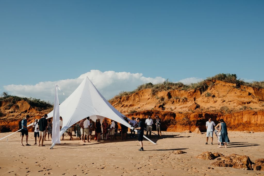 white shade tent set up on Riddell Beach in Broome
