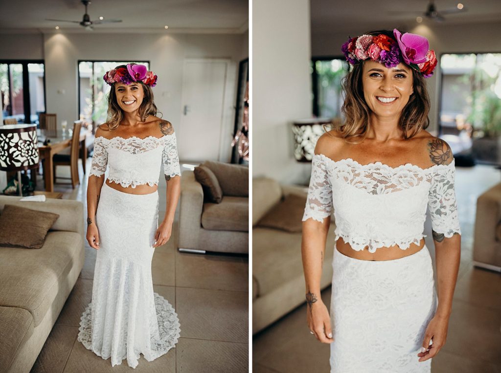 beautiful bride in a two piece Grace Loves Lace wedding dress with a orchid flower crown