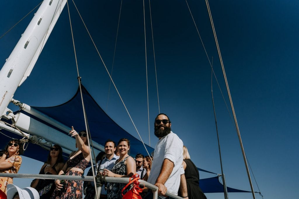 wedding guests on board of Broome catamaran 